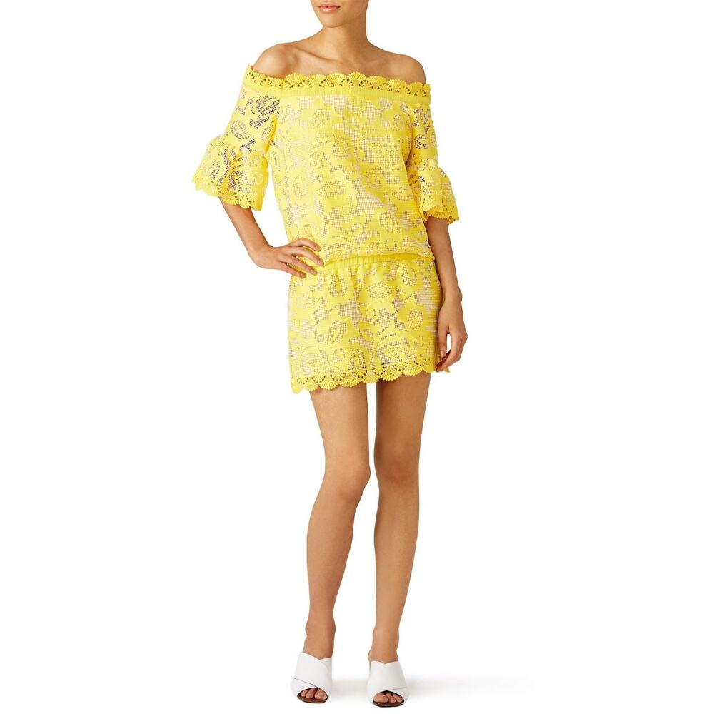 Alexis Womens Designer Yellow Off The Shoulder Lace Knit Dress Small
